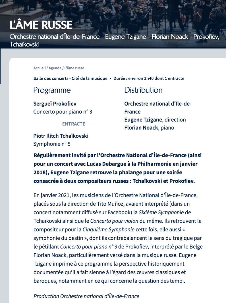 Page Internet. L|Âme russe. Orchestre national d|Île-de-France - Eugene Tzigane - Florian Noack - Prokofiev, Tchaïkovski. 2021-11-22